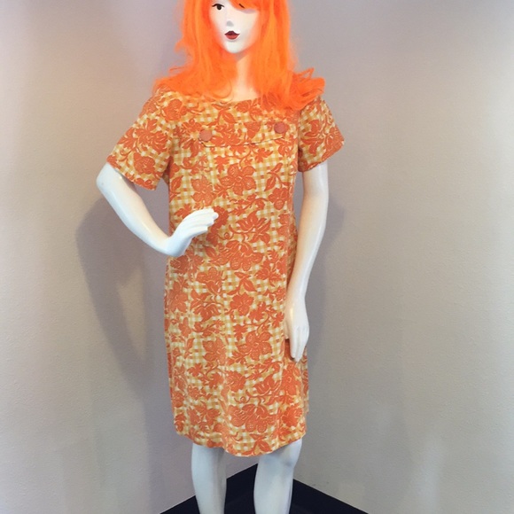 Vintage Orange Yellow Gingham Short Sleeve Dress - Picture 2 of 8